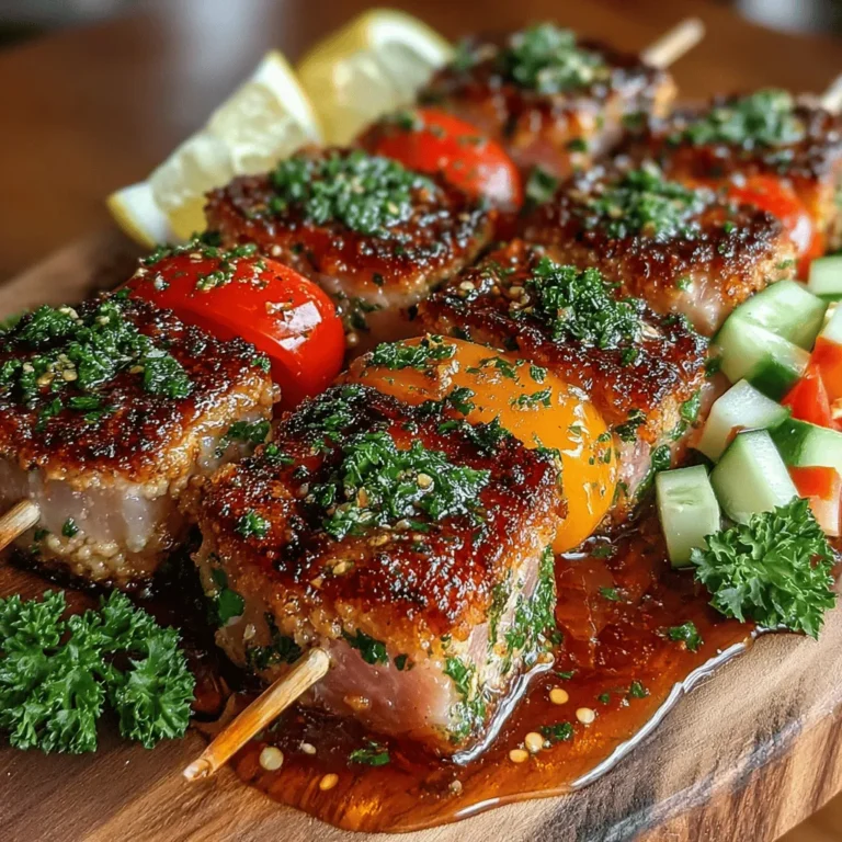 In the world of flavorful and healthy meals, Zesty Tuna Skewers with Lemon Salsa stands out as a vibrant dish that perfectly balances taste and nutrition. This recipe combines the rich, meaty texture of fresh tuna with a zesty, refreshing salsa, making it an ideal choice for a summer barbecue, a weeknight dinner, or even a gourmet appetizer for your next gathering. The contrast between the seasoned tuna and the bright, tangy salsa creates a delightful explosion of flavors that will tantalize your taste buds and leave your guests asking for seconds. With its simple preparation and quick cooking time, these skewers offer an exciting way to enjoy seafood while impressing your guests.