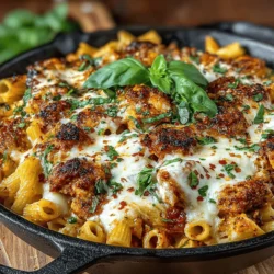 Before diving into the cooking process, let’s quickly recap the key ingredients you’ll need to create this delightful Cheesy Chicken Parm Pasta Skillet: - 1/2 cup grated Parmesan cheese: A sprinkle of Parmesan brings a nutty flavor and a delightful salty kick. - Fresh basil leaves, for garnish: These fragrant leaves not only add color but also a fresh flavor that brightens the dish. - Red pepper flakes (optional): If you enjoy a bit of heat, a sprinkle of red pepper flakes can take the flavor up a notch.