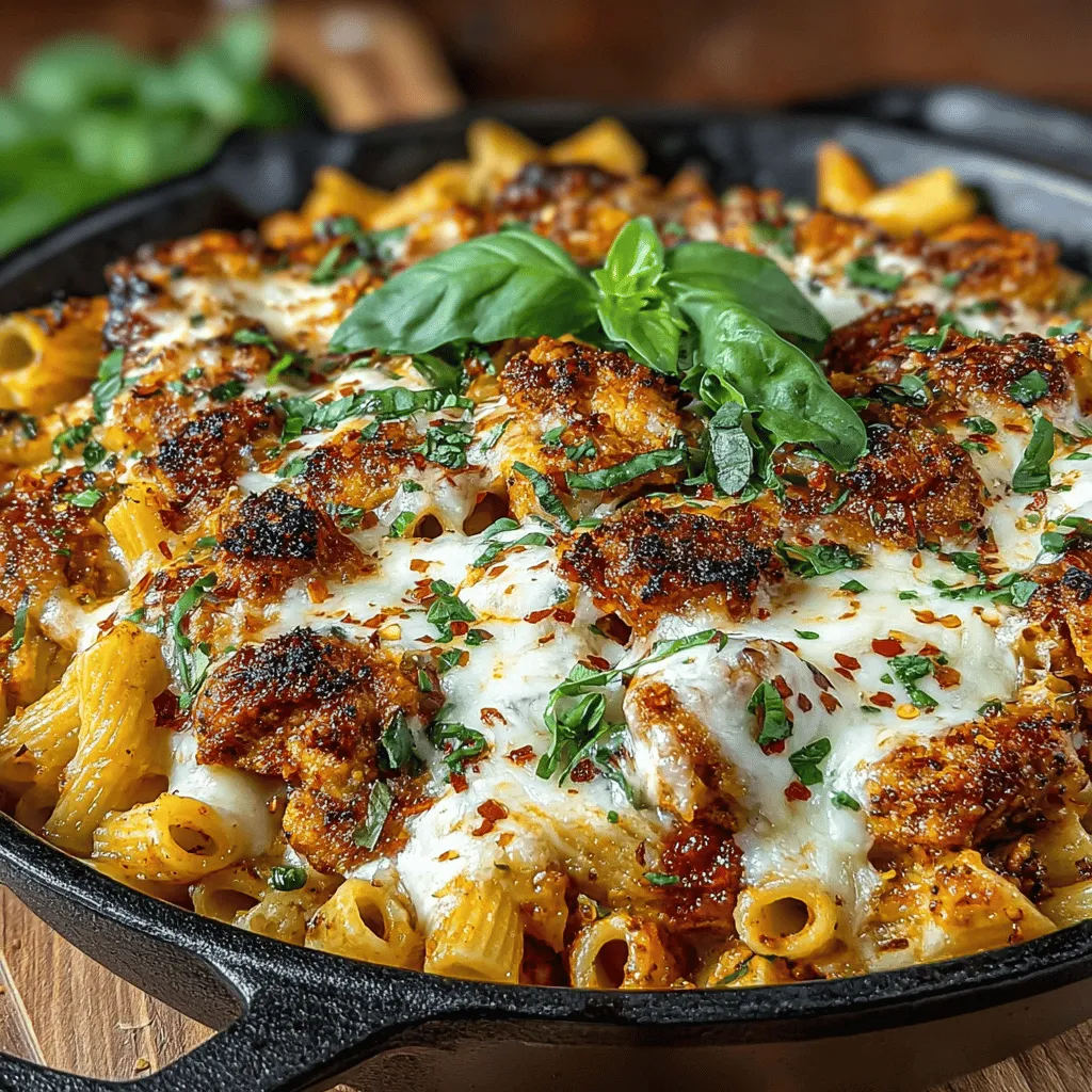 Before diving into the cooking process, let’s quickly recap the key ingredients you’ll need to create this delightful Cheesy Chicken Parm Pasta Skillet: - 1/2 cup grated Parmesan cheese: A sprinkle of Parmesan brings a nutty flavor and a delightful salty kick. - Fresh basil leaves, for garnish: These fragrant leaves not only add color but also a fresh flavor that brightens the dish. - Red pepper flakes (optional): If you enjoy a bit of heat, a sprinkle of red pepper flakes can take the flavor up a notch.