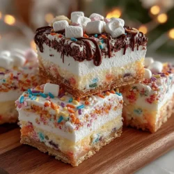 Delight in the whimsical world of Marshmallow Rainbow Bliss Squares, a vibrant, no-bake treat that captures the essence of childhood joy in every bite. These colorful squares are not only visually appealing but also a delicious combination of flavors and textures, making them the perfect snack for parties, family gatherings, or a sweet indulgence at home. Their cheerful appearance and delightful taste appeal to both young and old, making them a beloved addition to any dessert table.