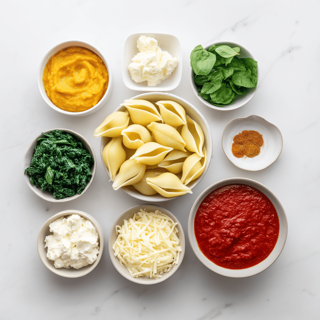 Ingredients for Cheesy Spinach & Pumpkin Spice Stuffed Shells