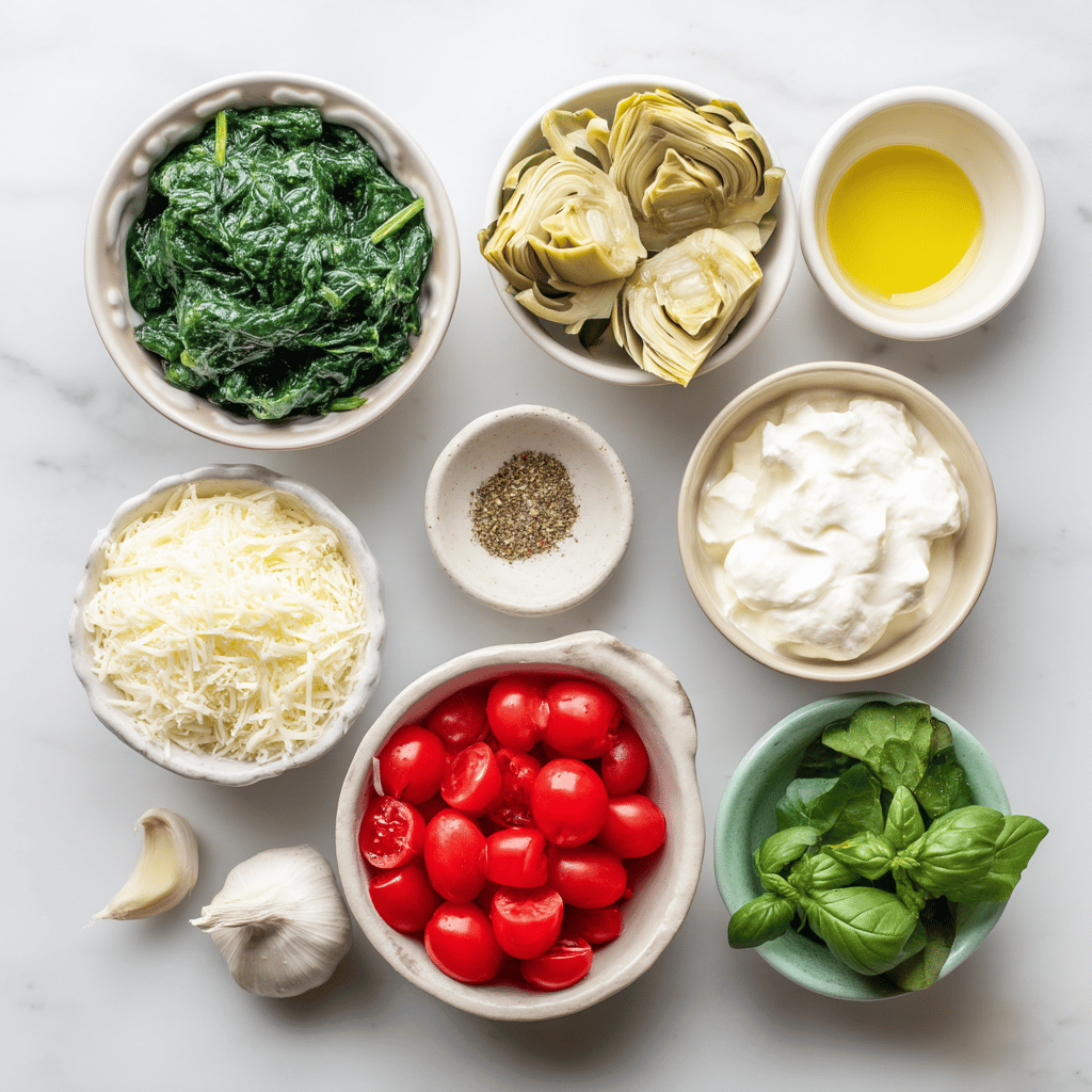 Ingredients for Cozy Fall Skillet with Cheesy Spinach Artichoke Dip