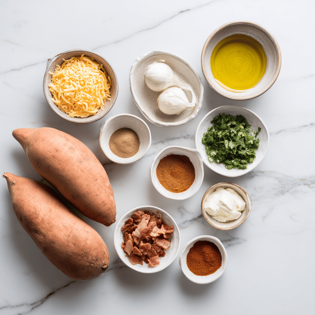 Ingredients for Loaded Sweet Potato Fries with Fall Spices