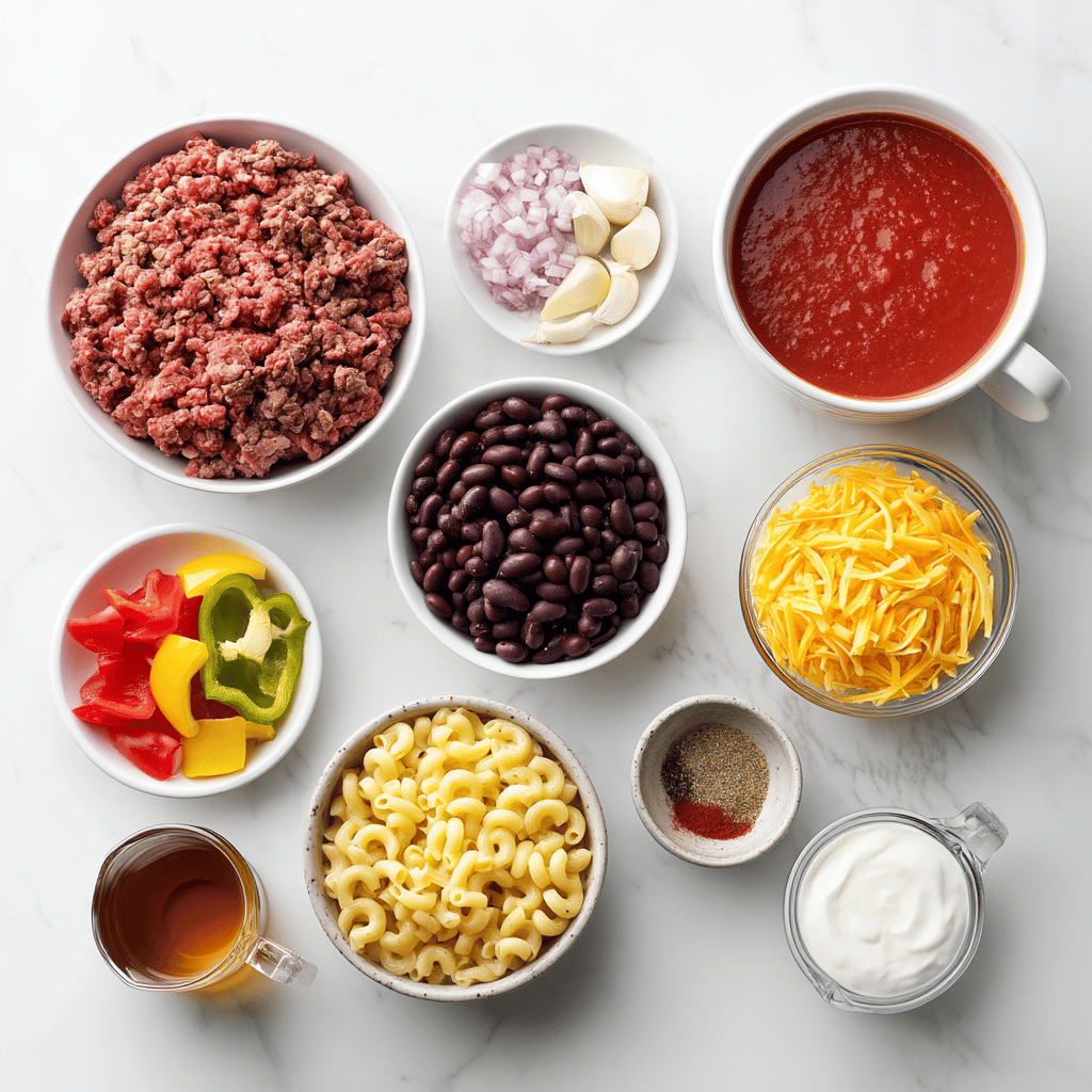 Ingredients for One-Pan Cheesy Comfort Chili Mac
